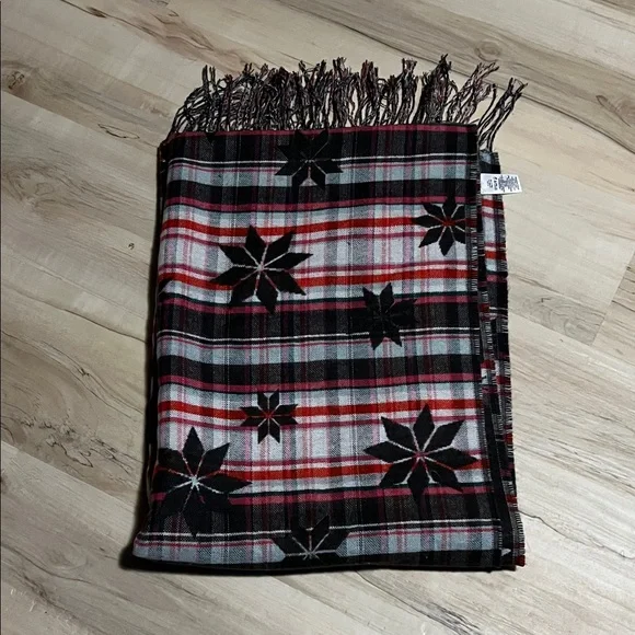 NWOT Maurices Black Plaid Scarf with Red and Gray Star Accents - Picture 3 of 4